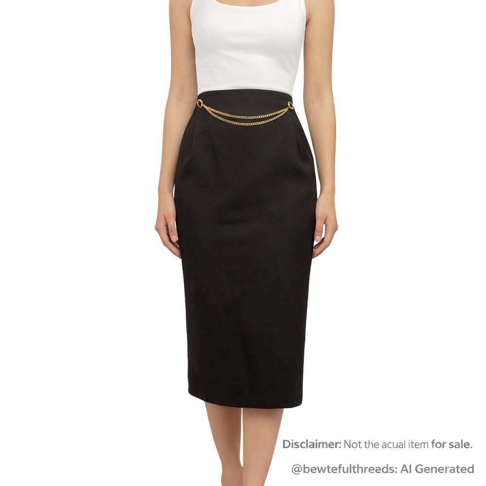 Vintage Korinna Wool-Blend Black Midi Skirt w/ Gold Chain (Size 12)